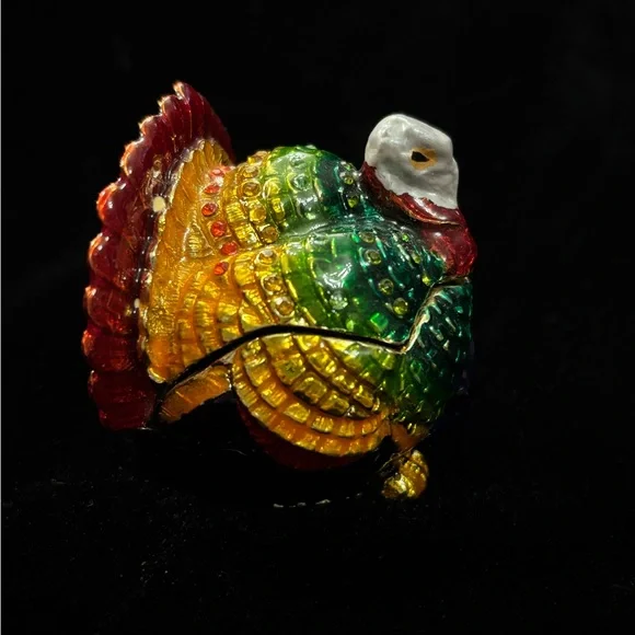 MultiColored Bejeweled Turkey Enamel Trinket Box with hinge. - Picture 2 of 4